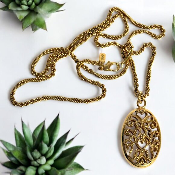 Vintage 1928 Goldtone Filigree Tassel Pendant Necklace 32” - Picture 1 of 8